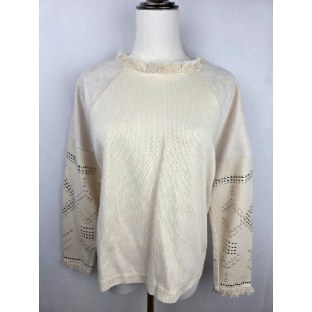 Zara Studded Fringe Top M Beige Suede And Knit Long Sleeve Western Boho Chic EUC